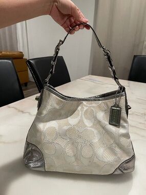 Coach Peyton Silver & White Monogrammed Signature Jacquard Hobo Bag w/ Duster Co